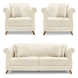 Kit 2 Poltronas e Sofá Living 2 Lugares 1,80m Vênus Linho Natural Pés Castanho - Pallazio - 1