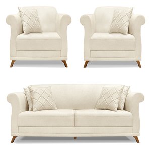 Kit 2 Poltronas e Sofá Living 2 Lugares 1,80m Vênus Linho Natural Pés Castanho - Pallazio