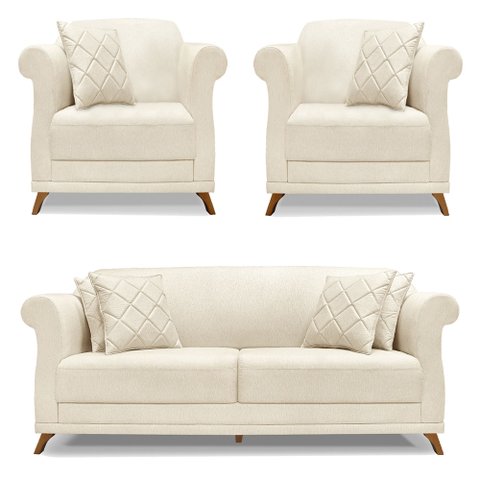 Kit 2 Poltronas e Sofá Living 2 Lugares 1,80m Vênus Linho Natural Pés Castanho - Pallazio