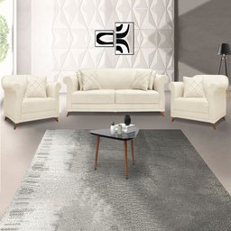 Kit 2 Poltronas e Sofá Living 2 Lugares 1,80m Vênus Linho Natural Pés Castanho - Pallazio - 2
