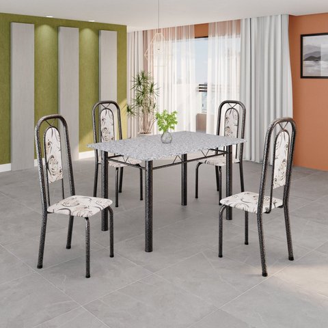 Conjunto de Mesa Tubular 120cm x 75cm Tampo Granito Ocre com 4 Cadeiras Lara Prata/Arabesco/Mart