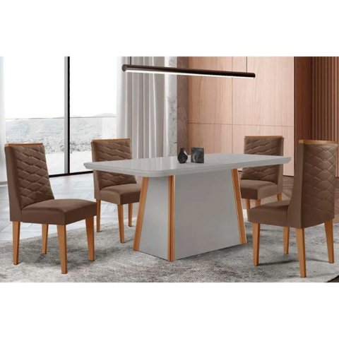 Conjunto Sala de Jantar Tilia C/ Tampo Madeirado C/ Vidro Canto Curvo 120x80cm e 4 Cadeiras Dafne