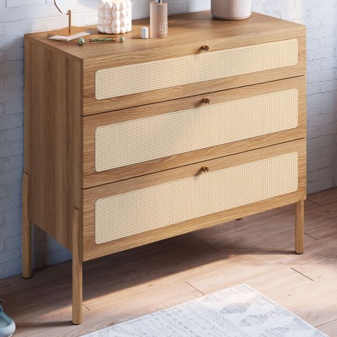 Cômoda 3 Gavetas Palhinha Pé Madeira 27934 Oslo Artesano - Hanover/pé Roble