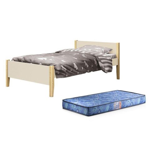Cama Solteiro Simba Areia Fosco com Pés Madeira Natural e Colchão D20 - Reller Móveis Areia Fosco