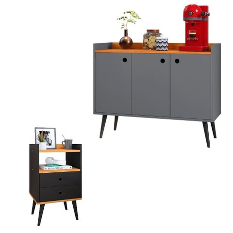 Kit Aparador Buffet Wood New Cinza 3 Portas e Mesa de Cabeceira Dream 2 Gavetas Retrô Preto|