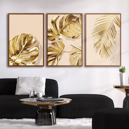 Quadro Premium Textura CX Alta Folhas Ouro em Bege 3un 40x60 - Moldura Ocre - 3