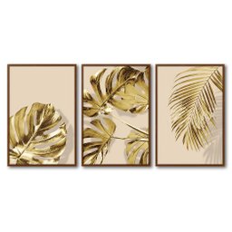 Quadro Premium Textura CX Alta Folhas Ouro em Bege 3un 40x60 - Moldura Ocre - 2