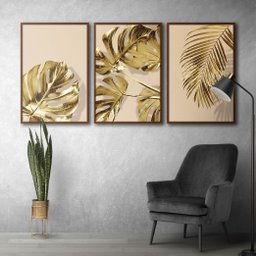 Quadro Premium Textura CX Alta Folhas Ouro em Bege 3un 40x60 - Moldura Ocre - 4