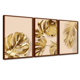 Quadro Premium Textura CX Alta Folhas Ouro em Bege 3un 40x60 - Moldura Ocre - 1