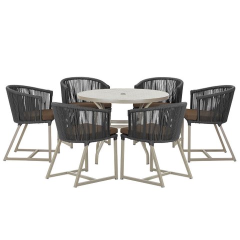 Mesa com 6 Cadeiras de Jantar Roma 120cm e Noronha em Alumínio Fendi Corda Náutica Estofado 9 Trama