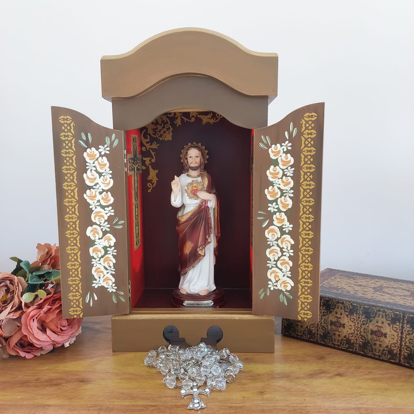 Oratório Capela Com Porta E Vidro Laqueado Para Imagens De Até 20 cm - Marrom - 4