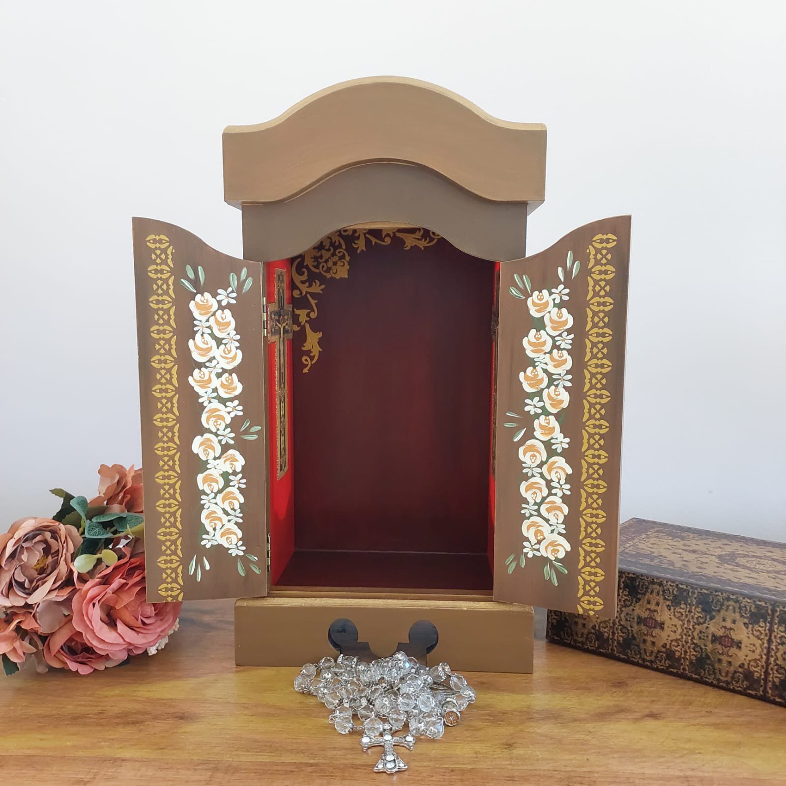 Oratório Capela Com Porta E Vidro Laqueado Para Imagens De Até 20 cm - Marrom - 7