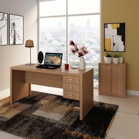 Kit Escritório com Mesa 3 Gavetas e Balcão 2 Portas Am Cor:amêndoa
