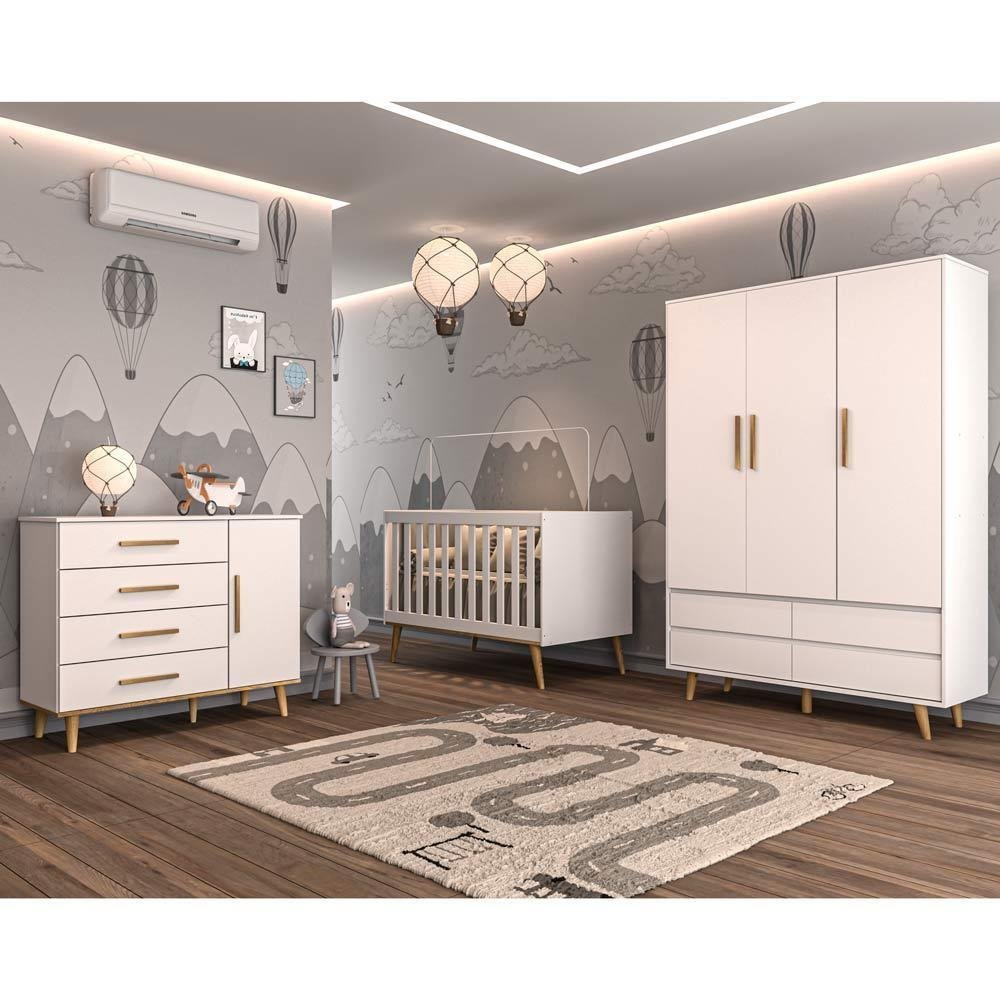 Quarto de Bebê Retrô Lorena Completo Berço 3 em 1 Ludmila Guarda Roupa 3 Portas Cômoda Infantil