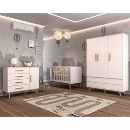 Quarto de Bebê Retrô Lorena Completo Berço 3 em 1 Ludmila Guarda Roupa 3 Portas Cômoda Infantil - 1