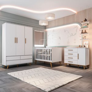 Quarto de Bebê Retrô Lorena Completo Berço 3 em 1 Ludmila Guarda Roupa 3 Portas Cômoda Infantil