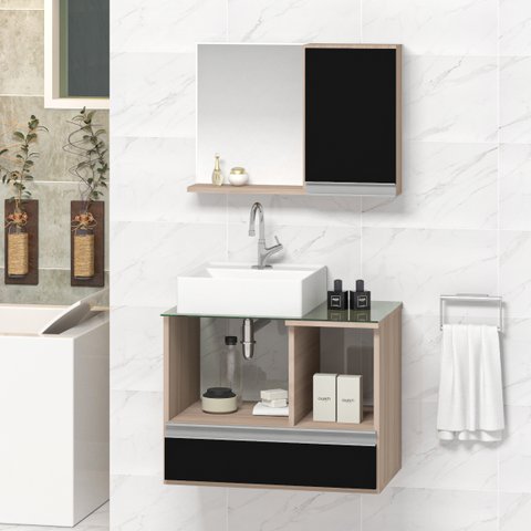 Conjunto Gabinete Banheiro Venus 60cm Madeirado/Preto - Gabinete + Cuba + Espelheira + Tampo Vidro