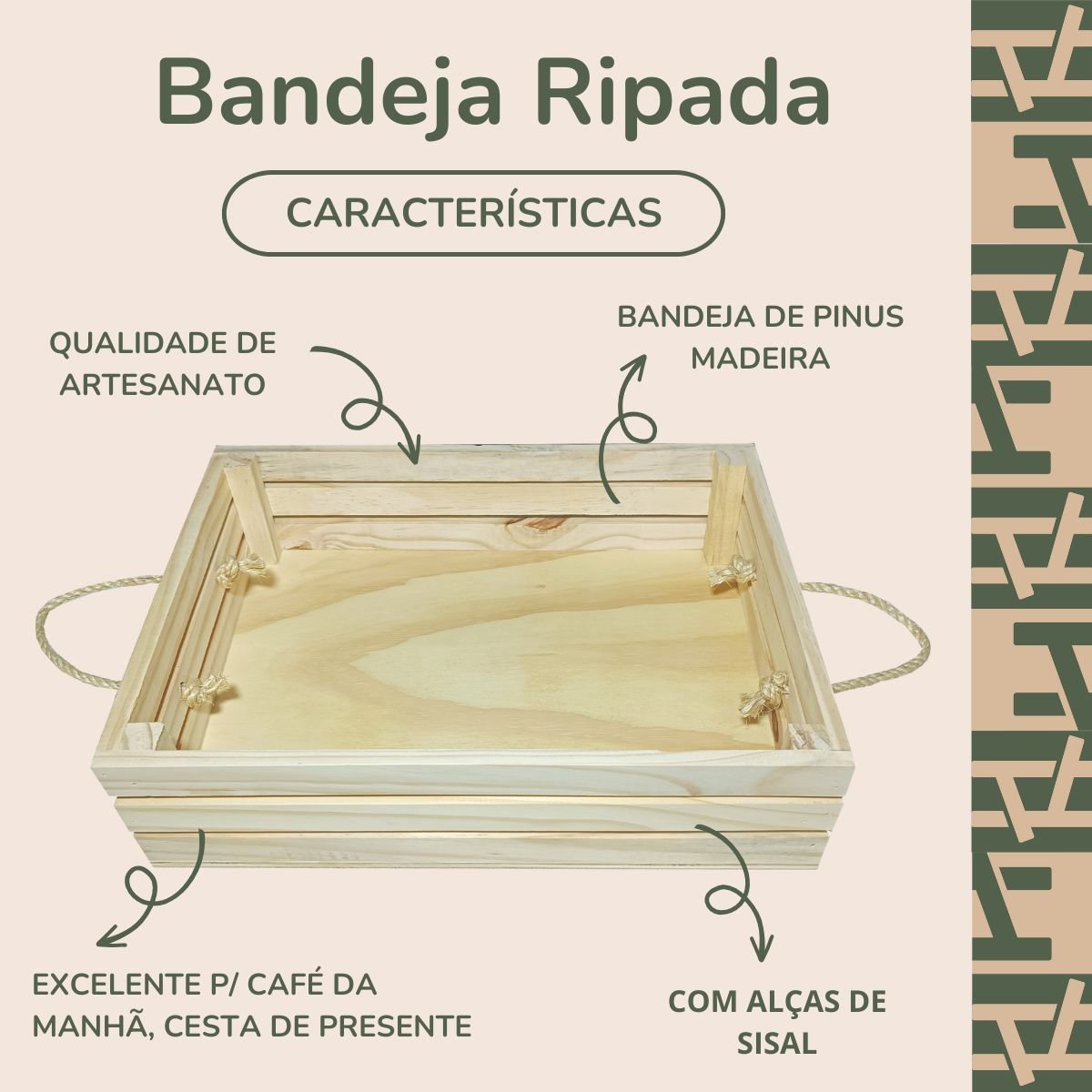 Bandeja Cesta de Madeira Quadrada com Alça de Sisal - 2