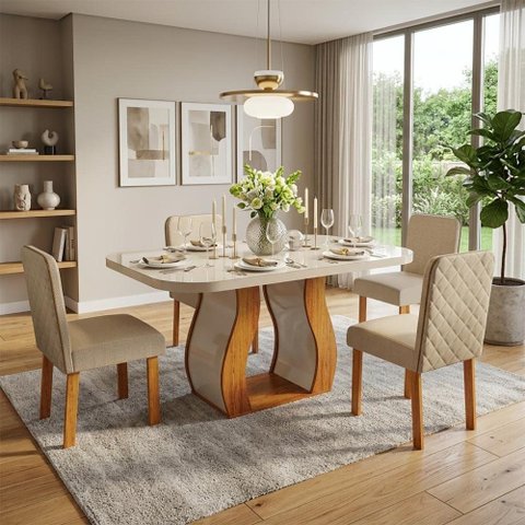 Sala de Jantar 130x90 Ibiza MDF/Vidro 4 Cadeiras Bom Pastor Naturale/Off Linho Off