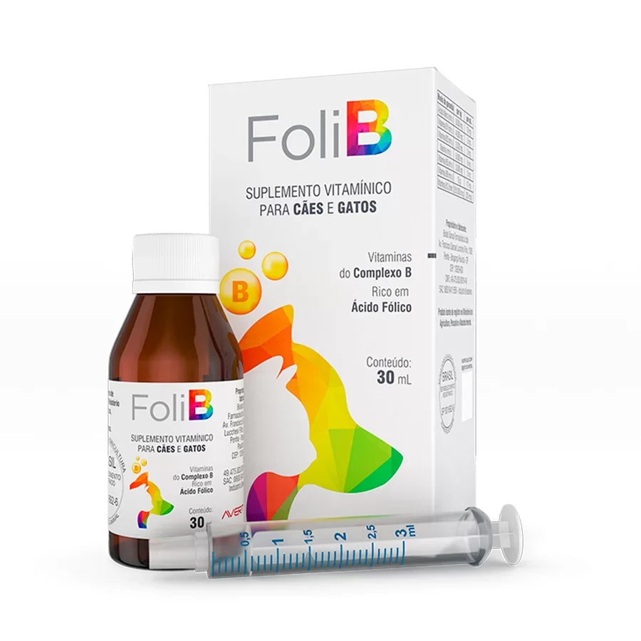 Suplemento Vitamínico Foli B Complexo B Ácido Fólico para Cães e Gatos 30ml com Seringa Avert - 1