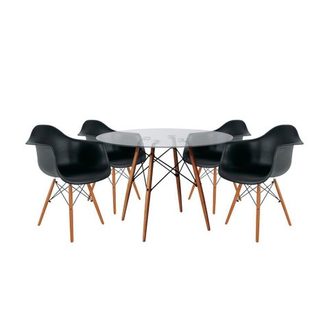 Mesa Sala de Jantar Vidro Redonda 110cm Vidro com 4 Poltronas Pretas Base Madeira Preto