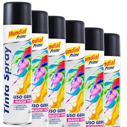Kit 6 Tinta Spray Uso Geral Preto Brilhante Mundial Prime 400ml