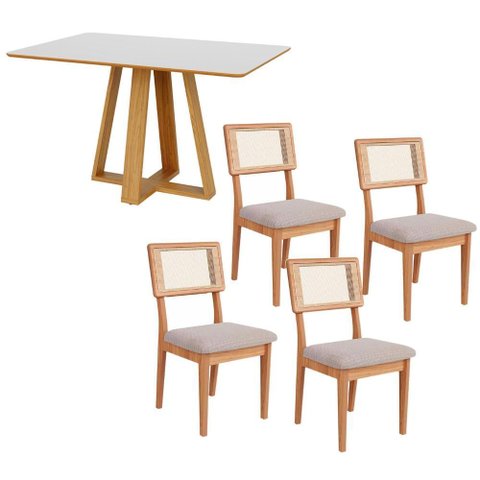Mesa de Jantar 135cm c/ 4 Cadeiras Estofadas Dalla Costa MDF Cor:Off White com Freijó e Bege Rú