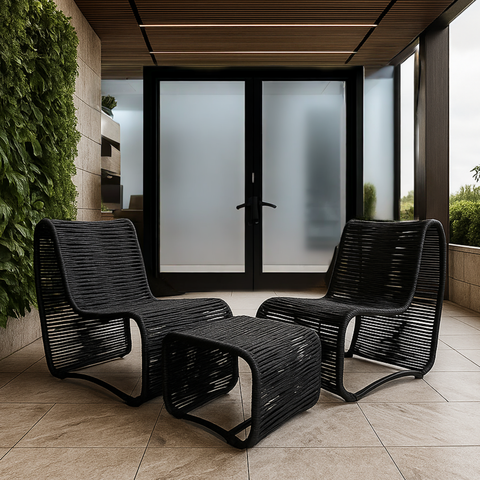 Conj Lotus 2 Poltronas e Puff em Aço para Sala Varanda Gourmet Corda Náutica