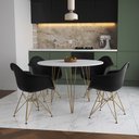 Ver imagem 1 de Mesa Jantar Redonda 110cm Branca Clips 3 Pés com 4 Poltronas Pretas Eames Eiffel Base Dourada
