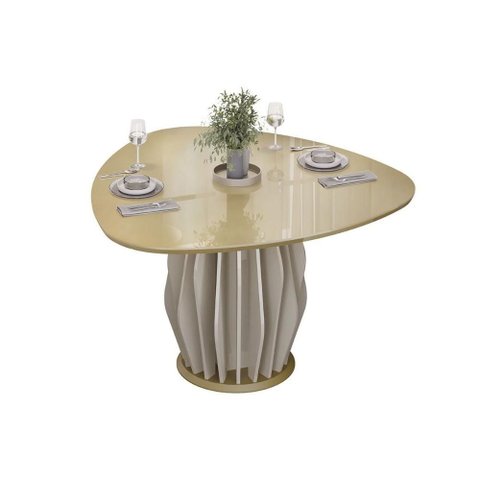 Mesa de Sala Jantar Tokyo C/ Tampo Madeirado C/ Vidro Orgânico 136x136cm Off White/dourado - Dj Mó