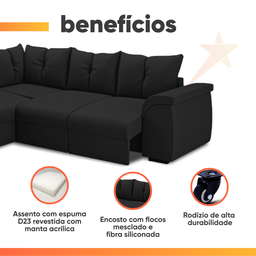 Sofá de Canto 5 Lugares Retrátil Qatar Suede Preto - 5