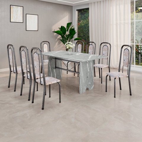 Conjunto Sala de Jantar com 8 Cadeiras Lara Prata/Bege