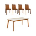 Ver imagem 1 de Mesa Jantar Luxo Jade 160x90cm Off White com 4 Cadeiras Estofadas em Couro Pu Caramelo Madeira Maciç