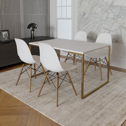 Mesa Jantar Industrial Retangular 137x90cm Branca Base Dourada com 4 Cadeiras Eames Eiffel Madeira B