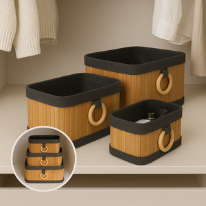 Kit 3 Cestos Bambu Organizadores Multuso com Alça Banheiro Quarto
