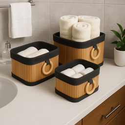 Kit 3 Cestos Bambu Organizadores Multuso com Alça Banheiro Quarto - 2