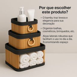Kit 3 Cestos Bambu Organizadores Multuso com Alça Banheiro Quarto - 3