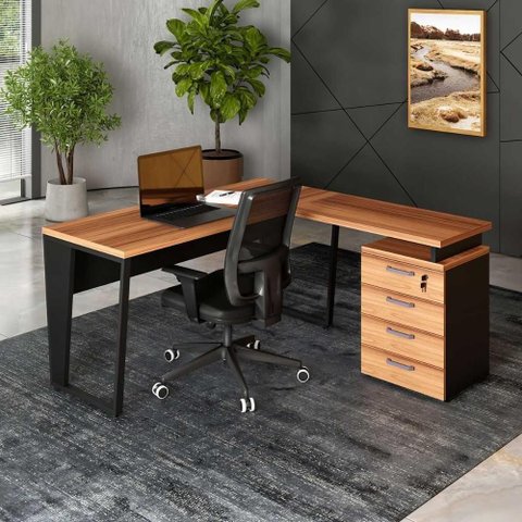 Mesa em L Mesa L com Gaveteiro 4 Gavetas 150cm Nogal com Preto F5 Office