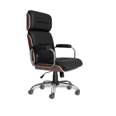 Cadeira Presidente Wood Acabamento em Madeira Couro Ecológico Preto Base Cromada Relax