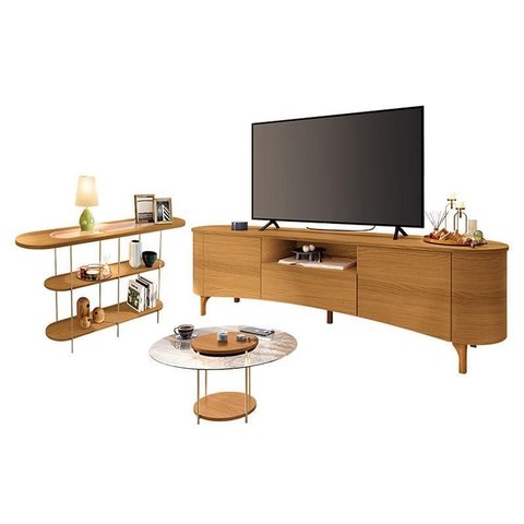 Rack Bancada Elara Cinamomo com Mesa de Centro Sky com Tampo de Vidro e Aparador Infinity Cinamomo