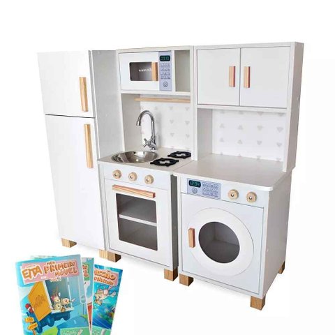 Kit Mini Cozinha Infantil com Geladeira e Máquina de Lavar - Branco