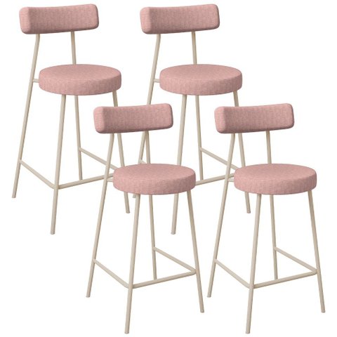 Kit 04 Banquetas Baixa Bar Cozinha Sala de Jantar Aço Milão Arena L02 Linho Rosa - Lyam Decor