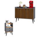 Ver imagem 1 de Kit Aparador Buffet Wood New 3 Portas e Mesa de Cabeceira Dream 2 Gavetas Cinza Ripado Cinamomo