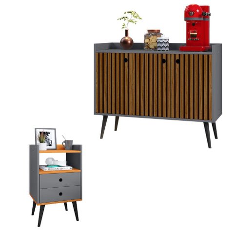Kit Aparador Buffet Wood New 3 Portas e Mesa de Cabeceira Dream 2 Gavetas Cinza Ripado Cinamomo