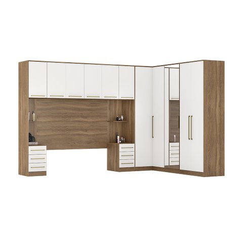 Guarda-Roupa Casal Demóbile Escócia com 7 Peças, 11 Portas e 9 Gavetas com Espelho Amêndola/Branco