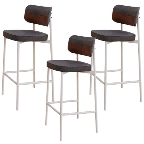 Kit 03 Banquetas Alta Bar Cozinha Sala de Jantar Aço Branco Kaira C01 Linho Preto Courino Whisky - L