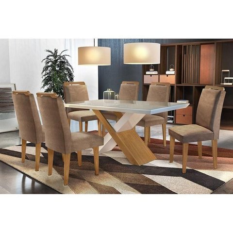 Conjunto: Mesa de Cozinha Imperatriz Tampo Madeirado C/ Vidro Canto Reto 180x90cm e 6 Cadeiras