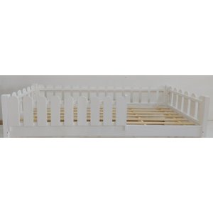 Cama Solteiro Base Montessoriana Madeira Maciça Pinus - Branco - Grade Cercadinho Completa