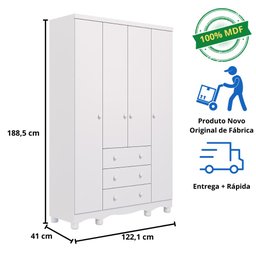 Quarto de Bebê Completo Guarda Roupa 4 Portas Cômoda 1 Porta 4 Gavetas 100% Mdf Junior - 10