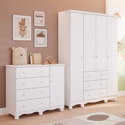Quarto de Bebê Completo Guarda Roupa 4 Portas Cômoda 1 Porta 4 Gavetas 100% Mdf Junior - 3